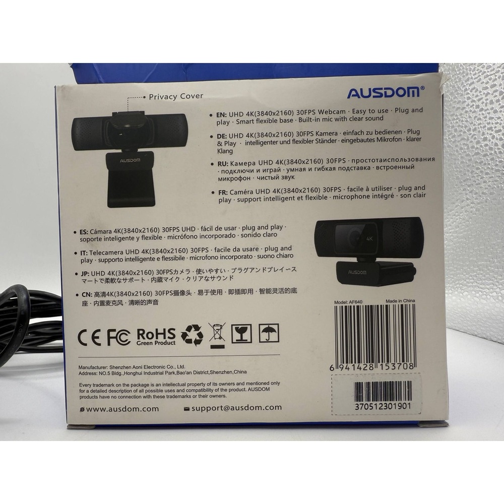 AUSDOM UHD 4K Webcam AF640 4K Plug Play Built in Mic Privacy Cover USB - Picture 9 of 9